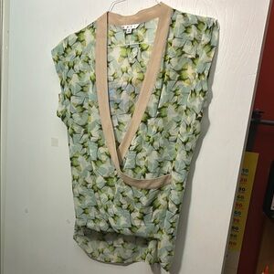 Floral V-Neck Blouse - Green and Cream